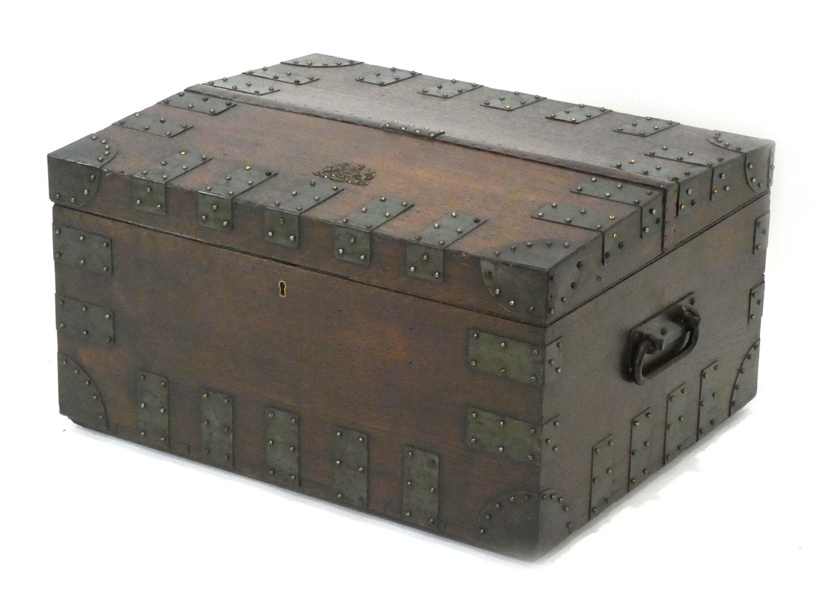 A 19th century oak and bound silver chest with later leatherwork, bearing a royal crest, w. - Image 2 of 6