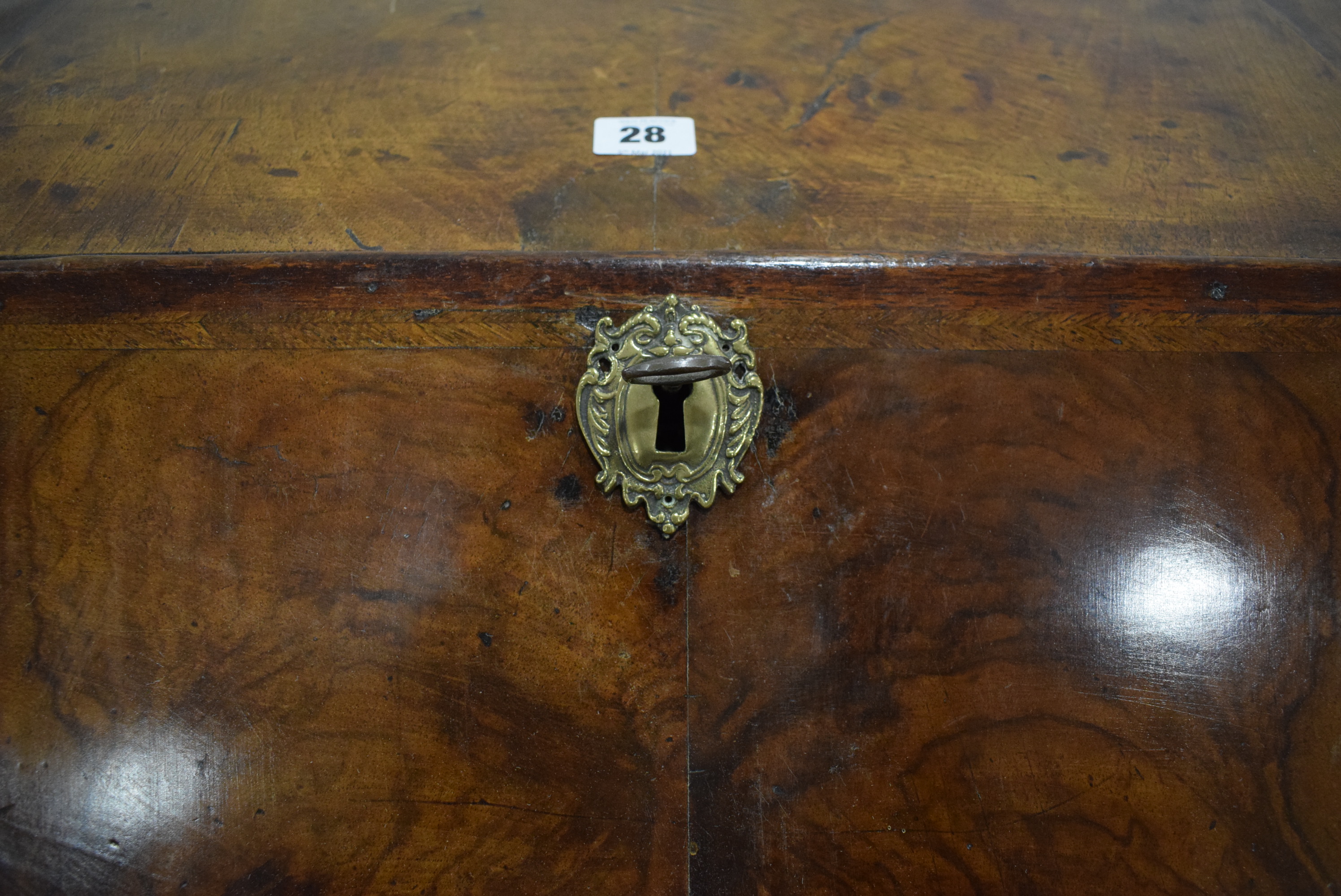 A George I/II walnut and feather crossbanded bureau, the fall front enclosing a fitted interior, - Image 46 of 55