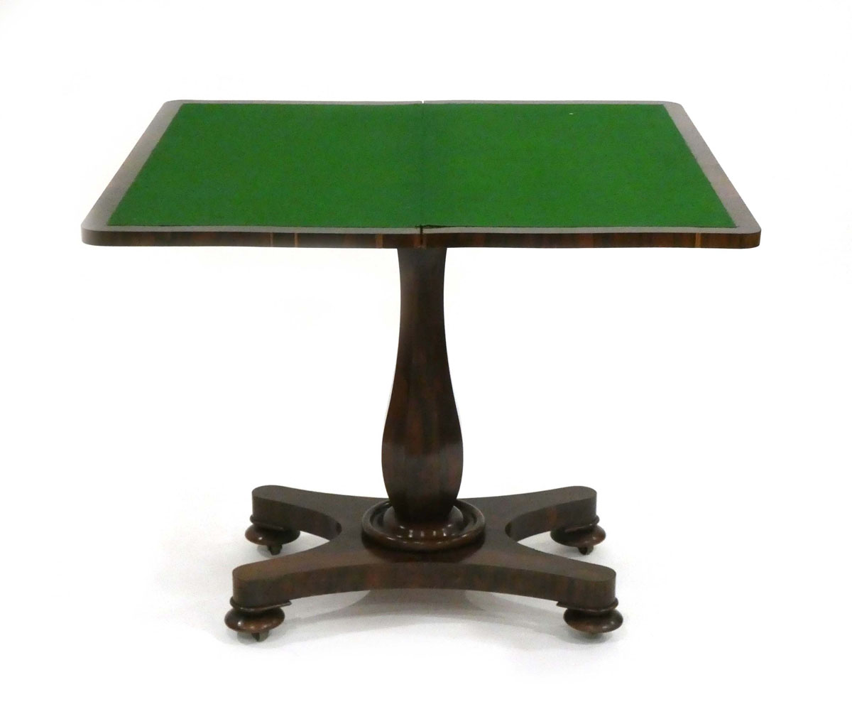 A Regency/William IV rosewood card table on a turned column with a platform base and bun feet, w. - Image 3 of 3