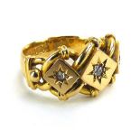 An early 20th century 18ct yellow gold keepers type ring set three small diamonds in recessed star