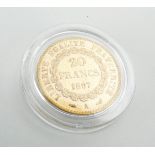 A French 20 franc coin dated 1897,