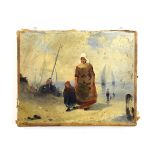 Dutch School, 19th century, mother and child on a busy coast unsigned, oil on canvas, 13 x 16.