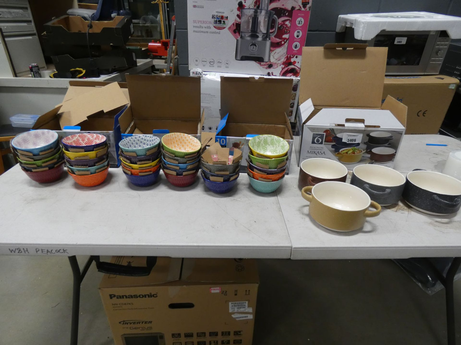 Mikasa double handed soup bowl set plus 3 boxes of stoneware bowls