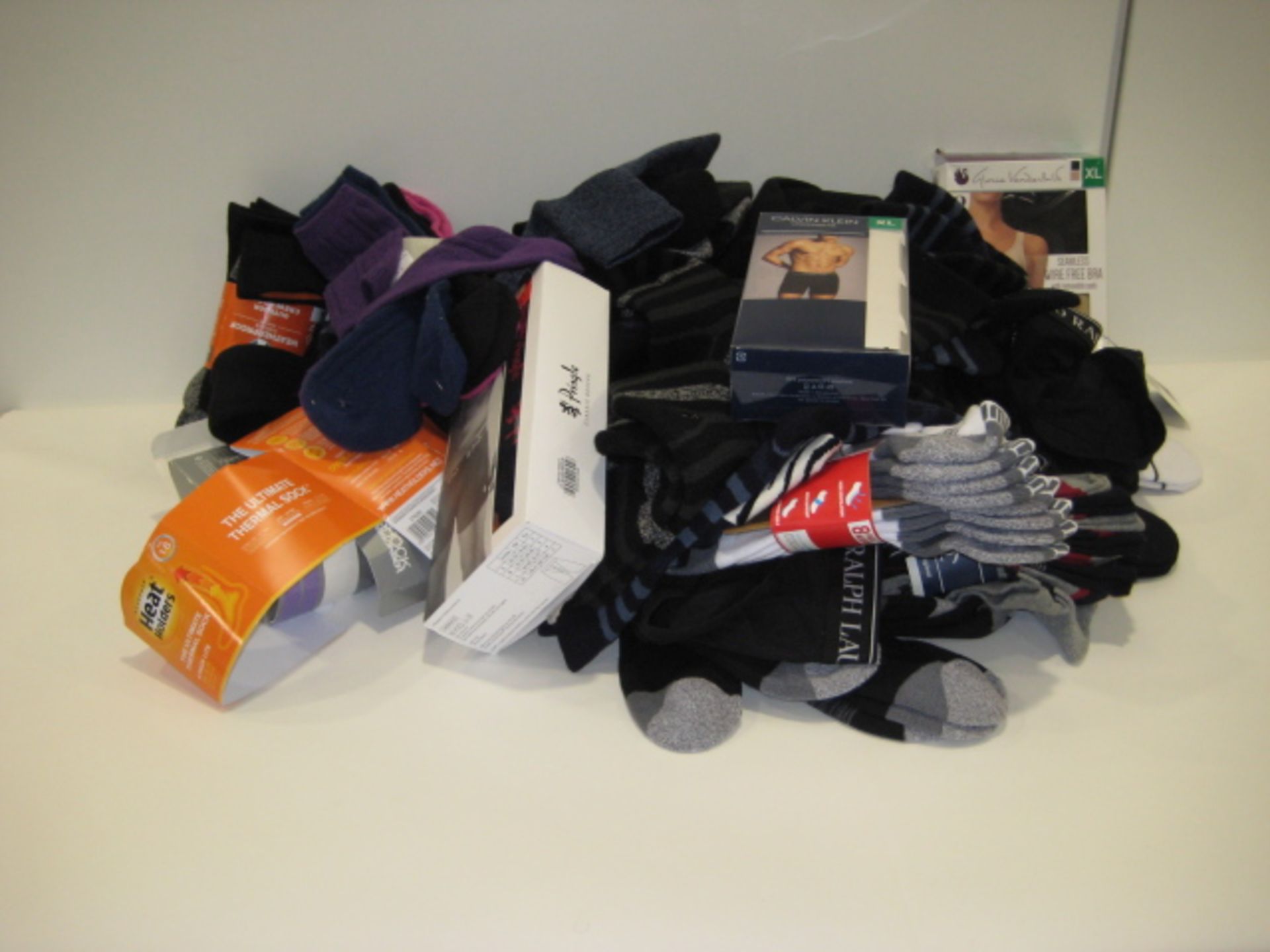 Bag containing socks, gents underwear, ladies bra, etc by various brands including Ralph Lauren,