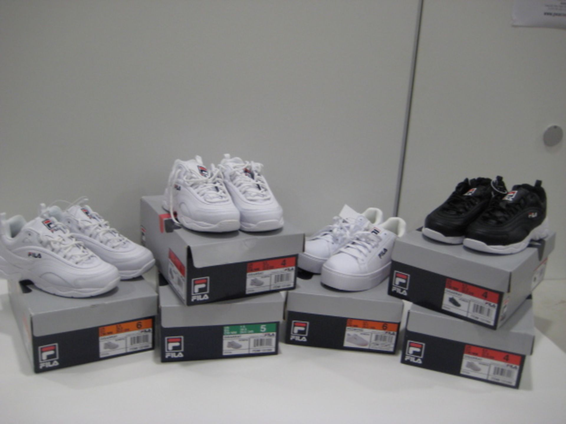 6 boxed pairs of Fila ladies trainers, styles are Dissaray and 1 pair of Redmond in sizes ranging