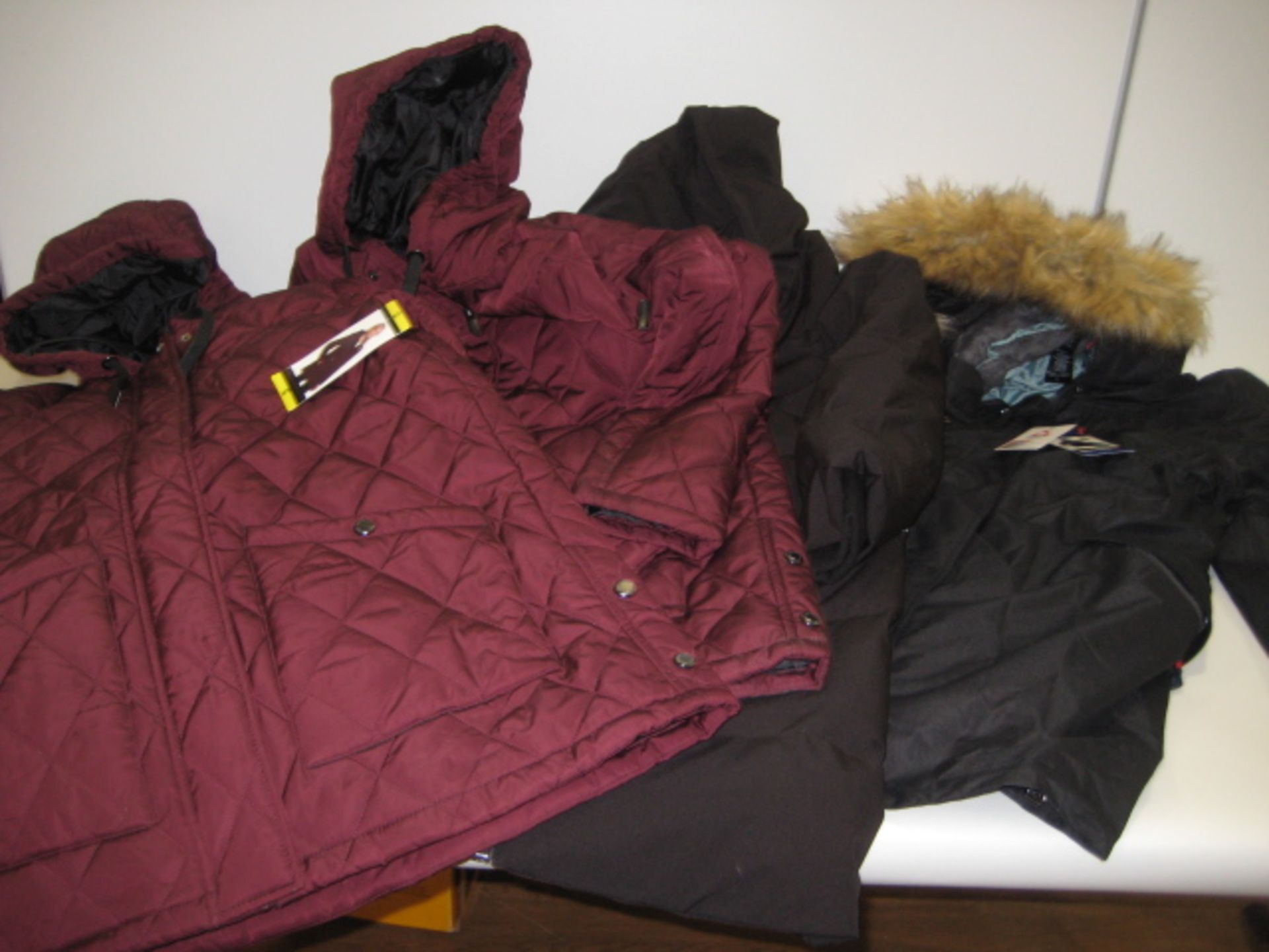 4 ladies parka style coats, 2 by Weatherproof, 1 by DKNY and 1 by Gerry, sizes ranging from S - L (1