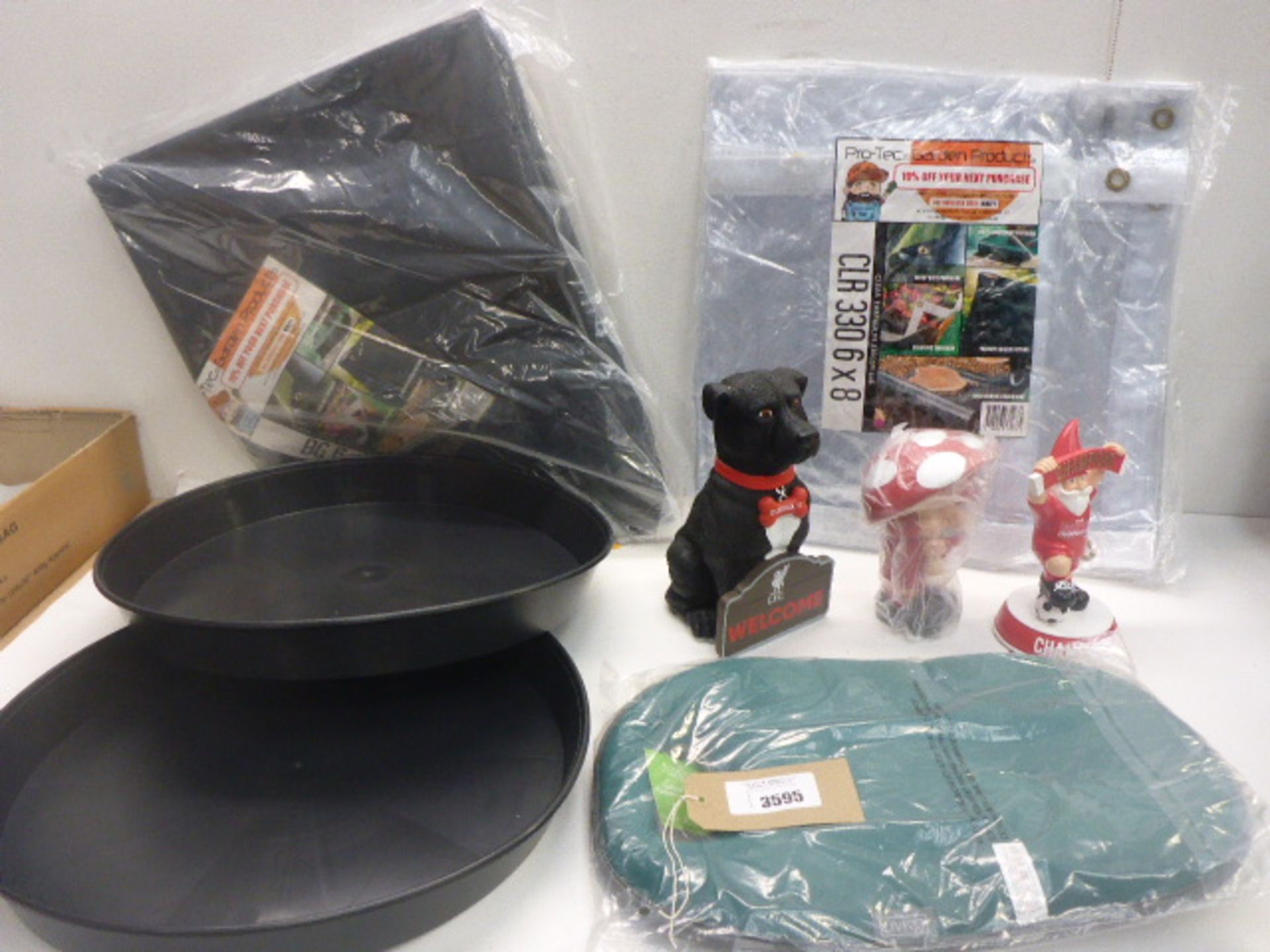 2 packs of weed control membrane, 2 large garden pots saucers, Garden ornaments and kneeling pad