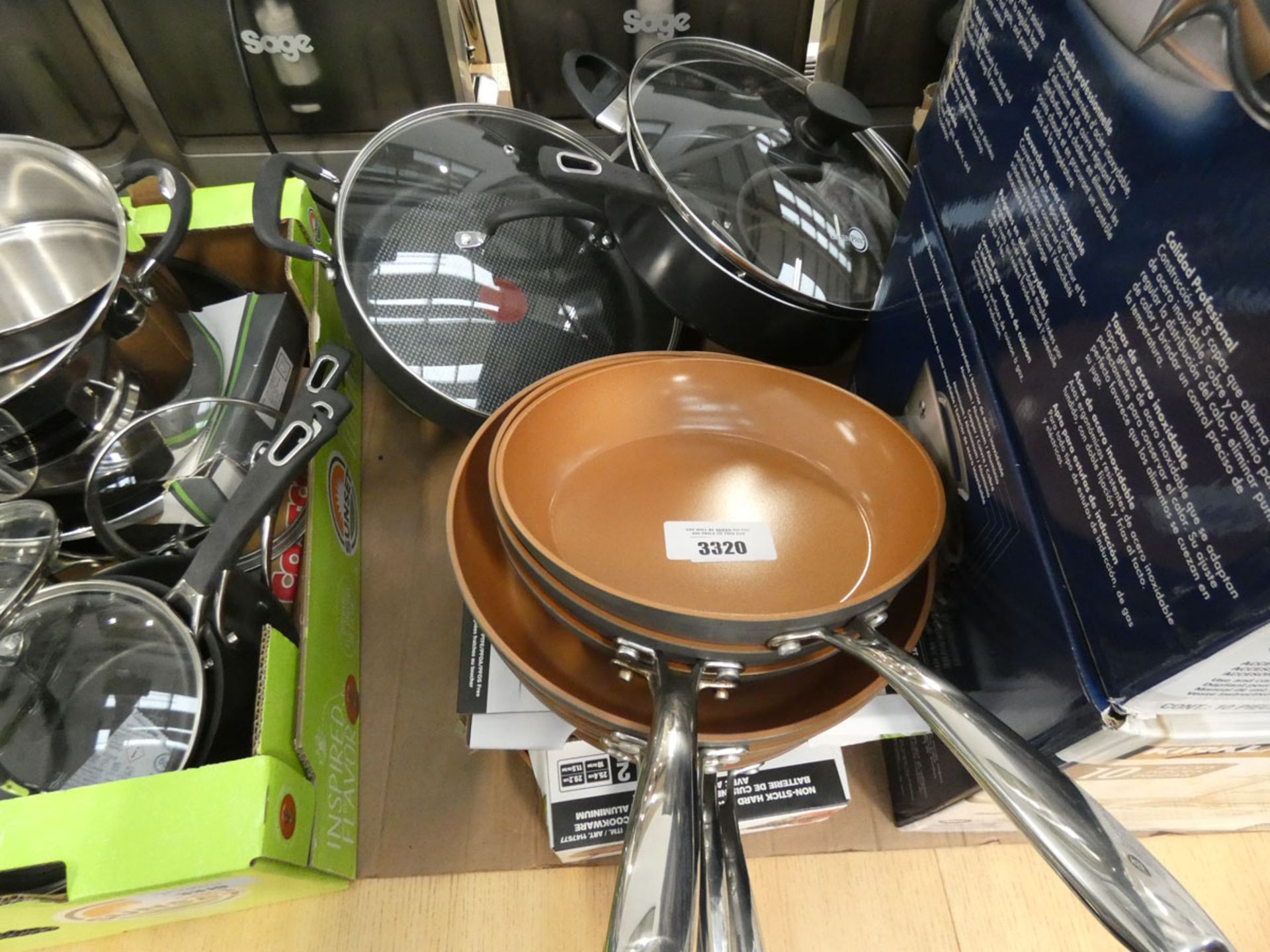 Selection of Gotham Pro used pans, Tefal green pan, etc