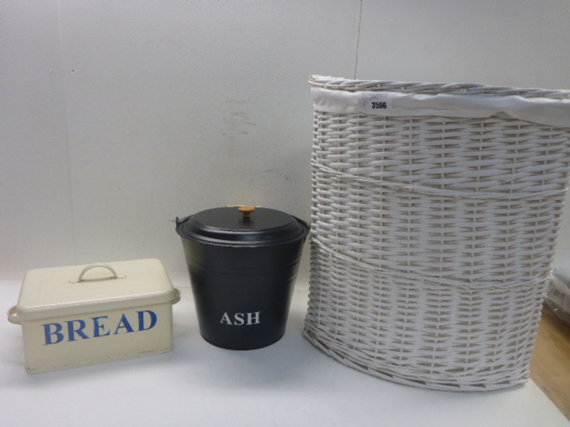 White wicker corner laundry basket, Tin Bread bin and Metal ash bucket