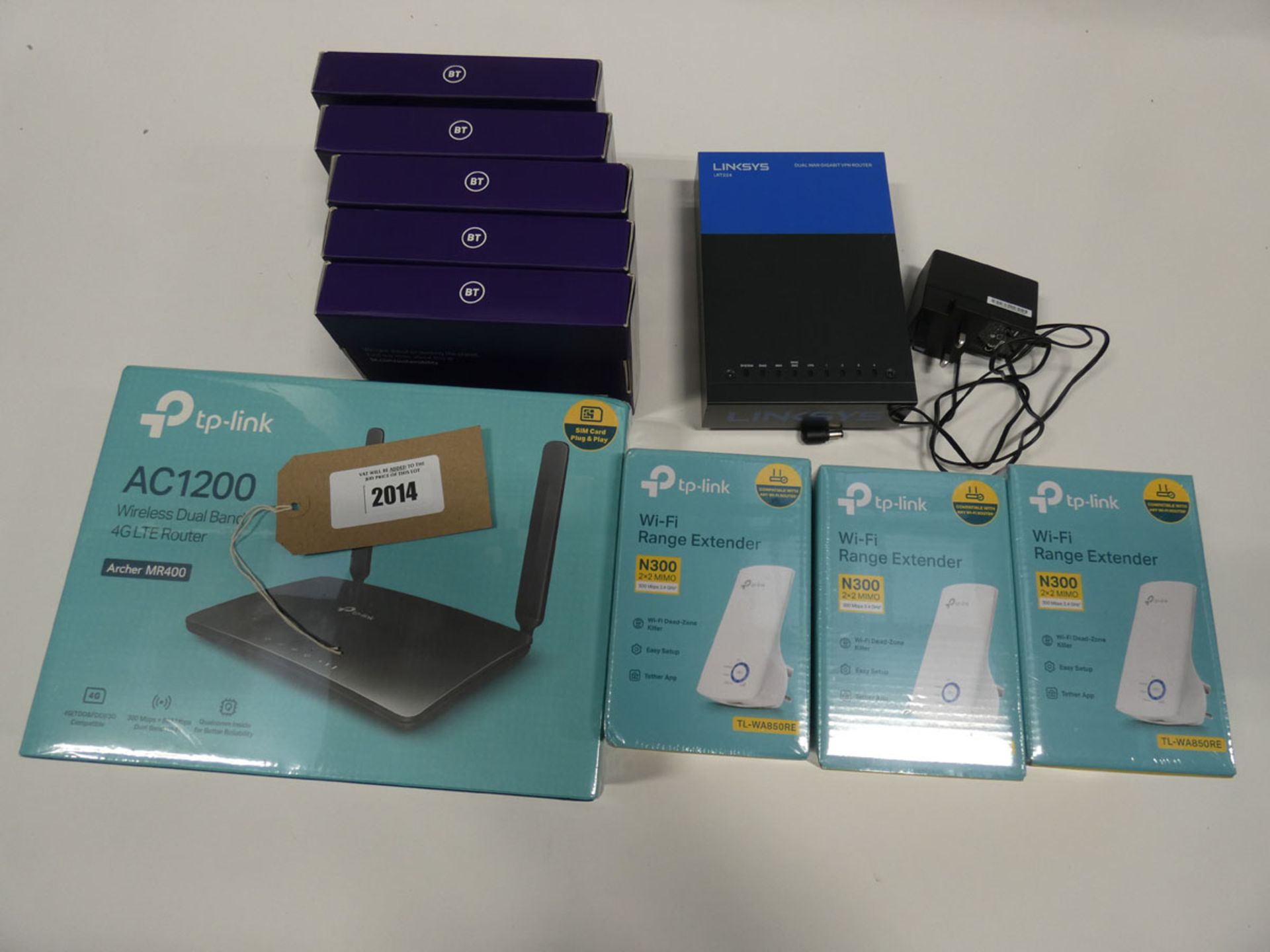 TP-Link AC1200 router, 3x TP-Link WiFi Range Extenders, 5x BT 4G Assures and Linksys LRT224 VPN