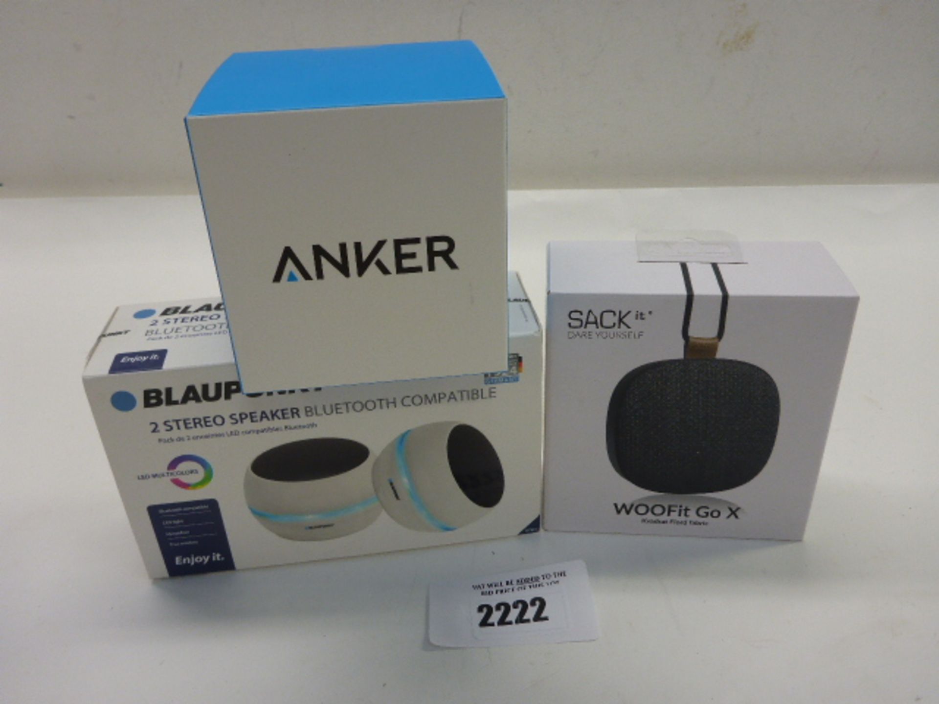 3x portable wireless speakers; Anker SoundCore, Sack WOOFit Go X and Blaupunkt