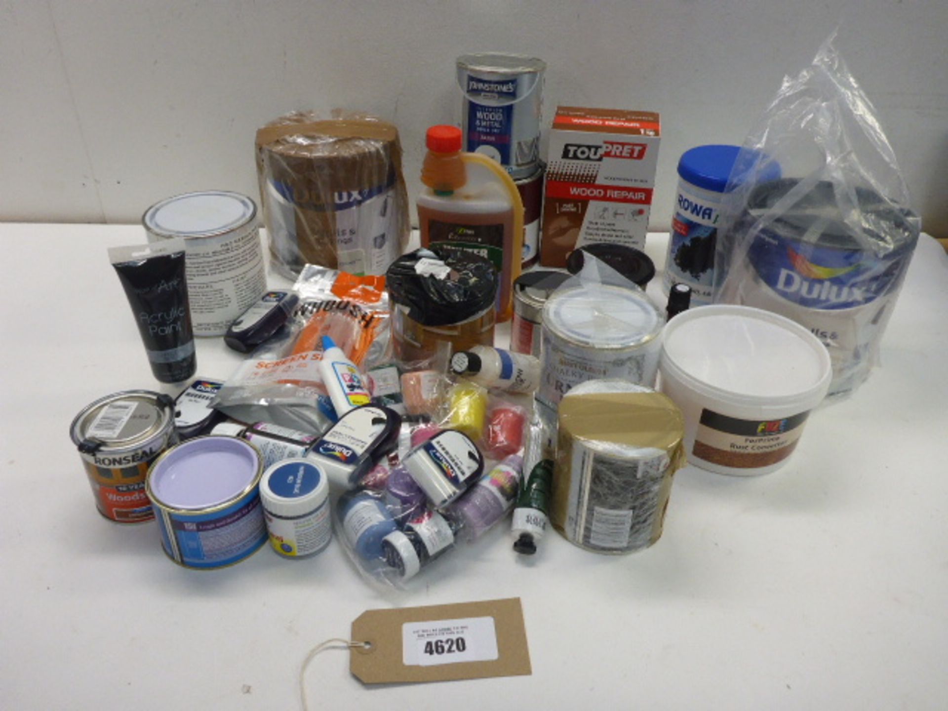Selection of paints, varnish, wood repair and other liquid products