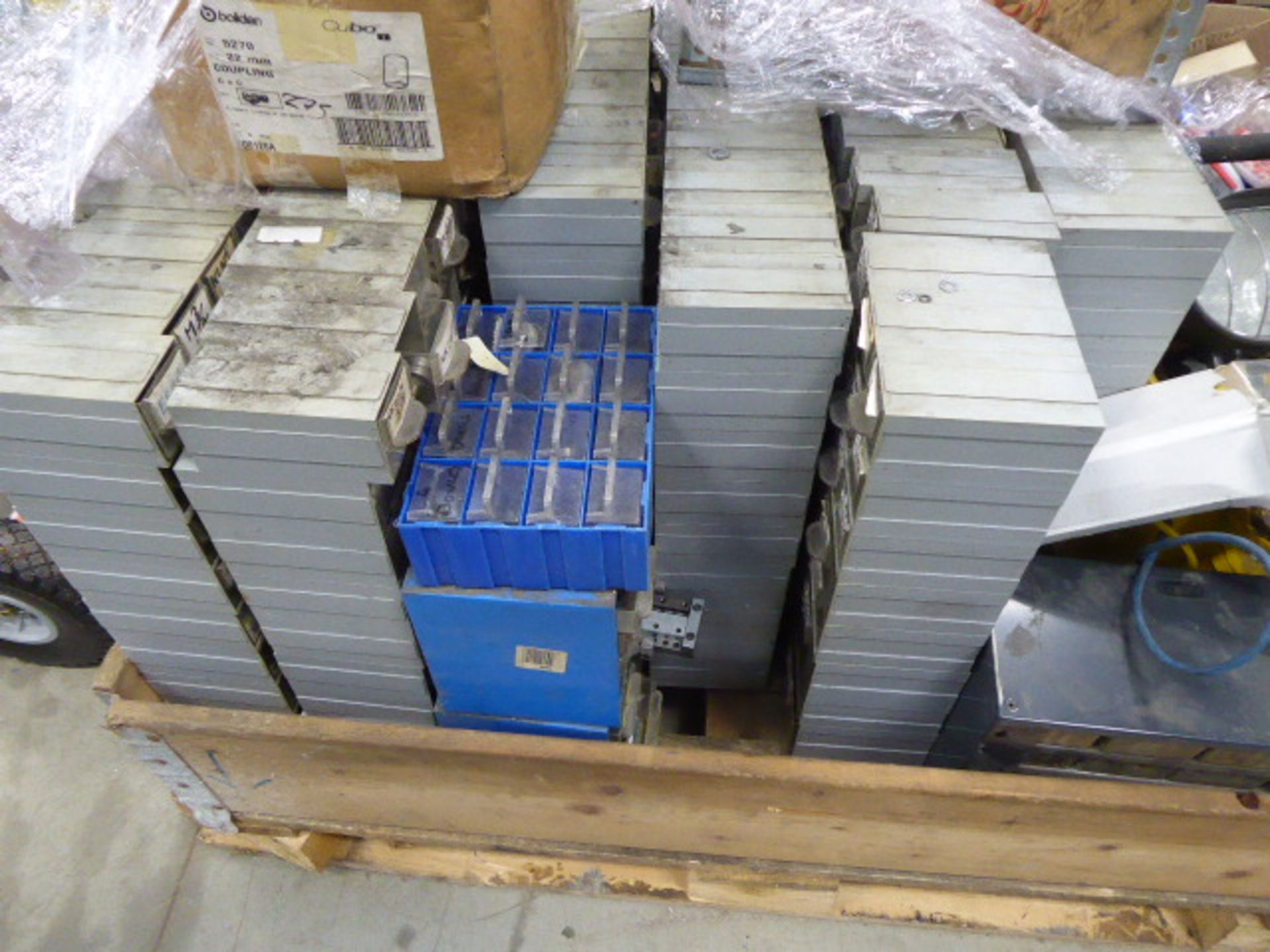 Large pallet of assorted parts boxes including screws, washers, nails, bolts plumbing valves, - Image 3 of 4