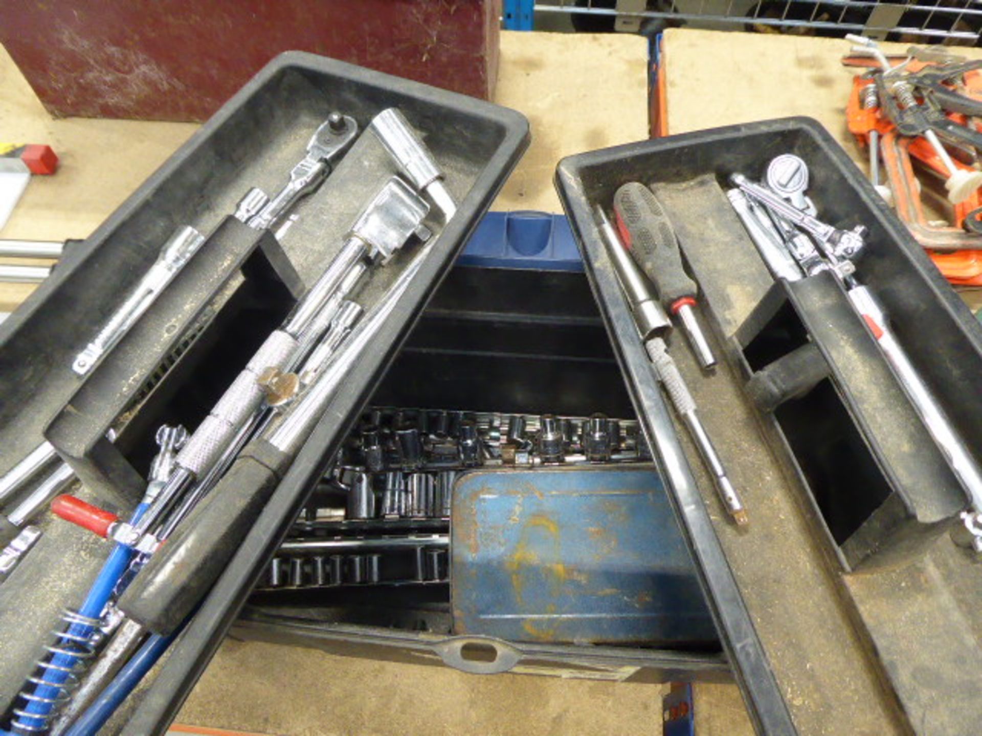 3 plastic tool boxes containing kneeling pads, air fittings, socket sets, tools and a small Wickes - Image 4 of 4