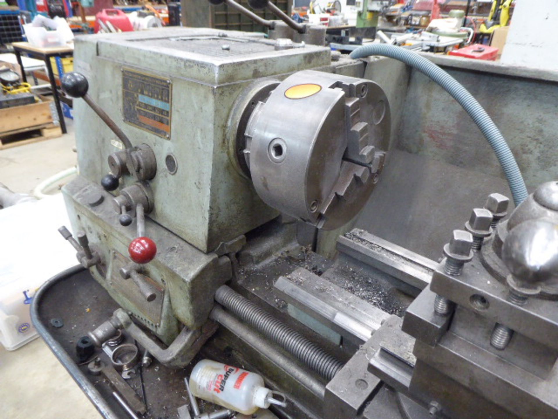 Colchester Master centre lathe with a grey and blue metal tool cabinet, two machine vices and a - Image 2 of 10