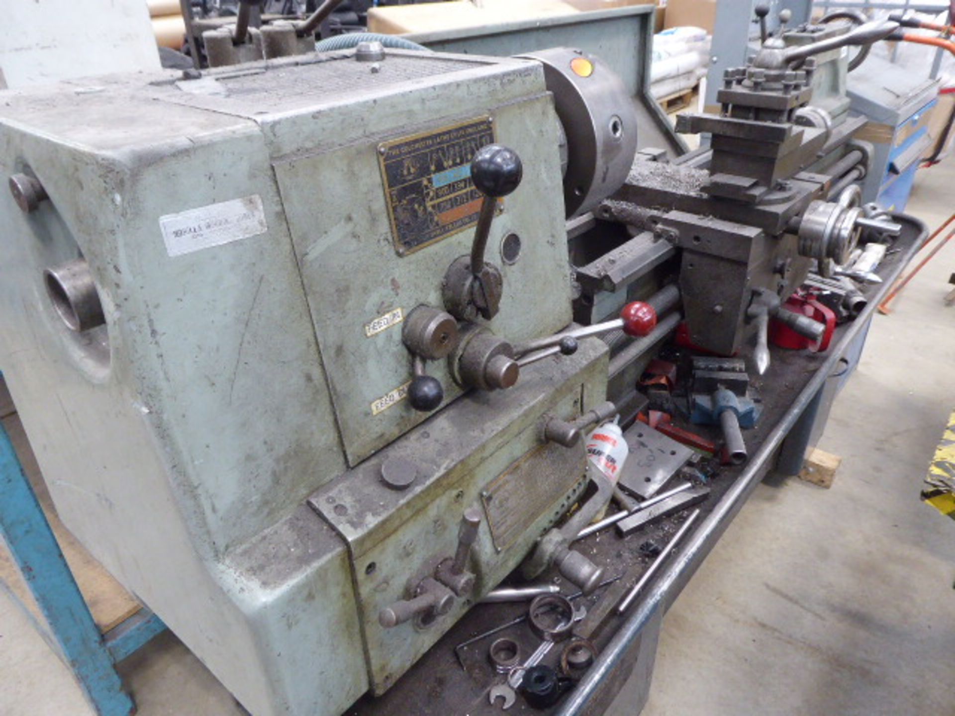 Colchester Master centre lathe with a grey and blue metal tool cabinet, two machine vices and a - Image 7 of 10