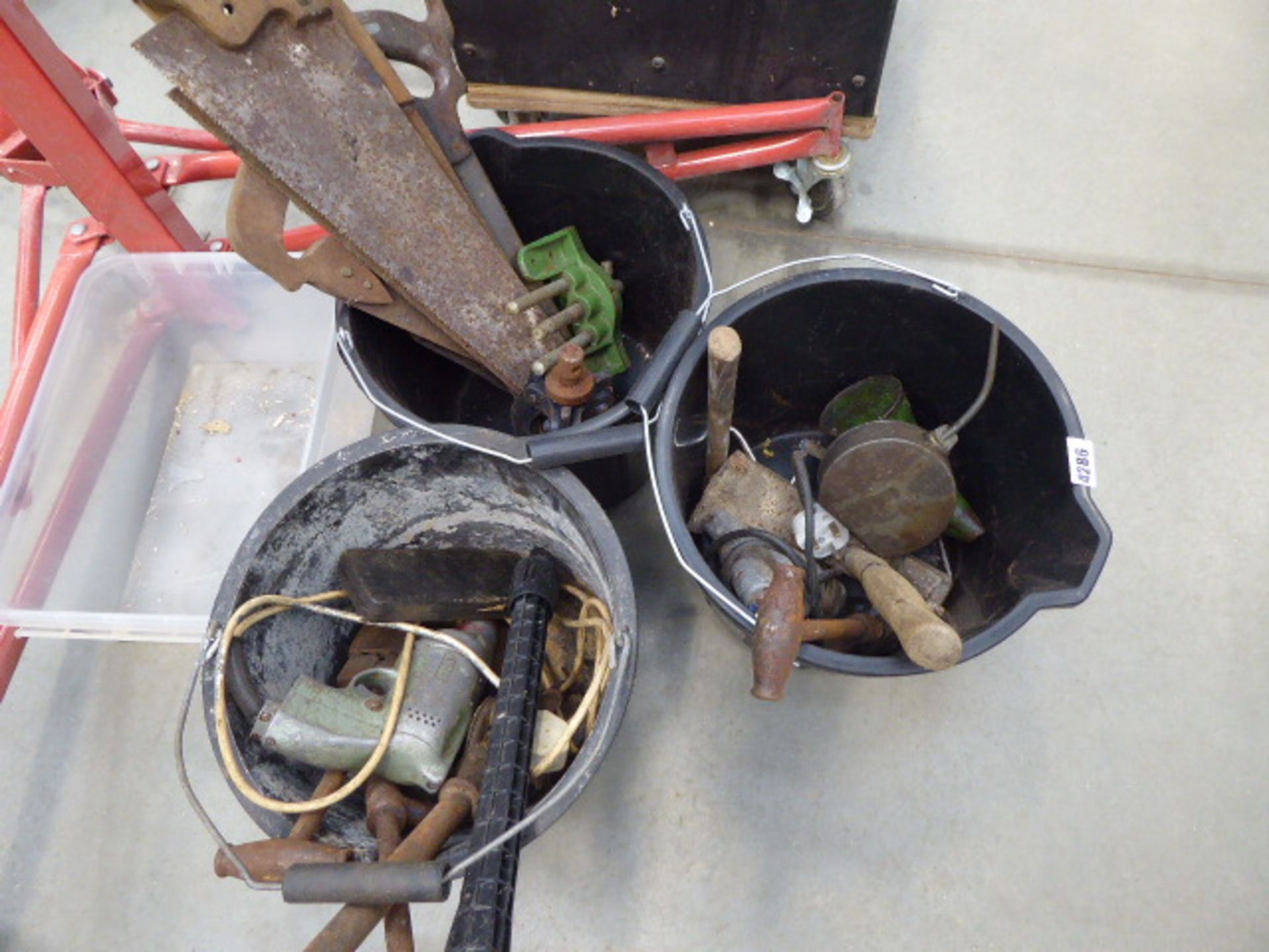 3 small buckets of assorted hand tools and vices