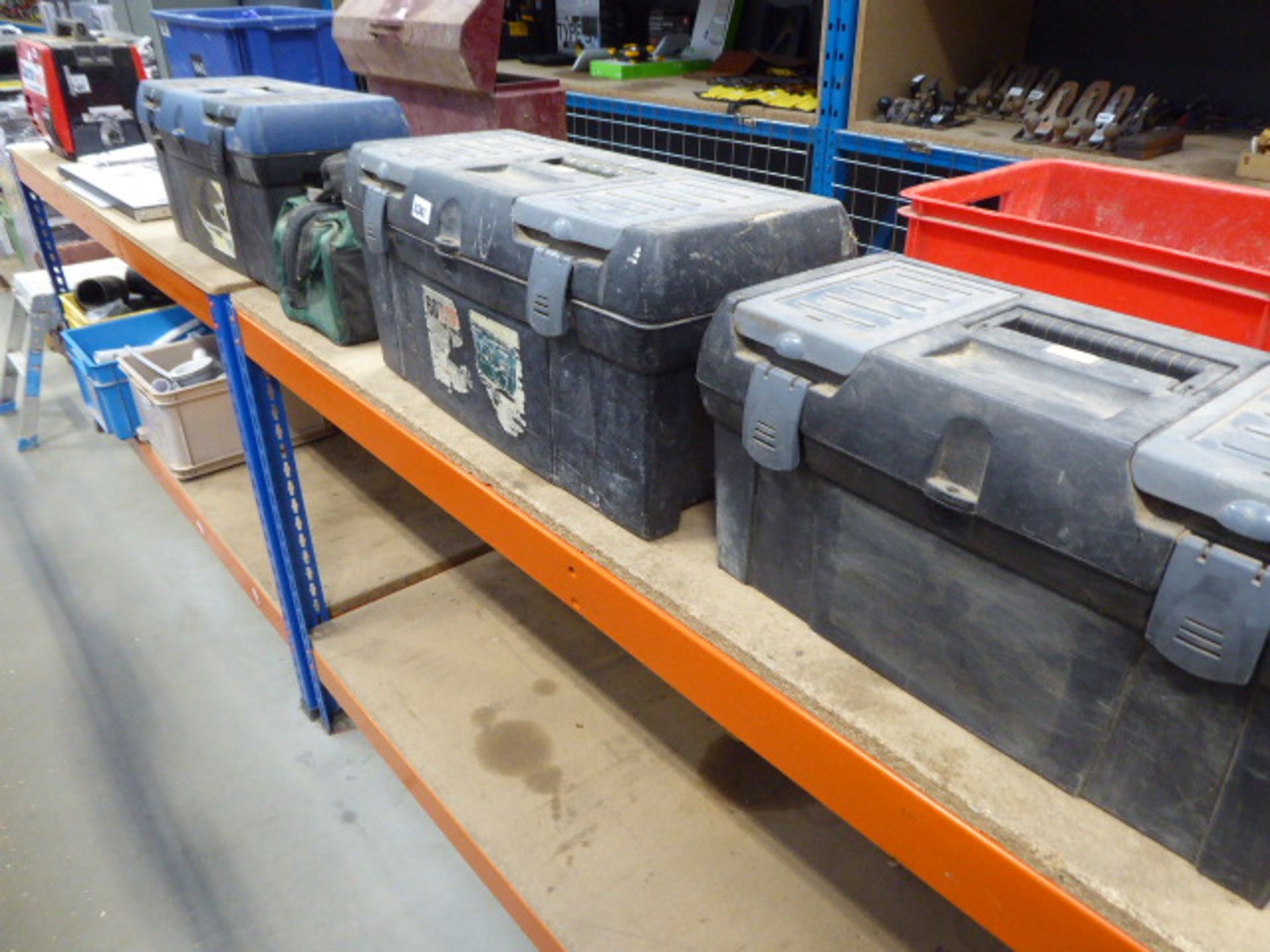 3 plastic tool boxes containing kneeling pads, air fittings, socket sets, tools and a small Wickes