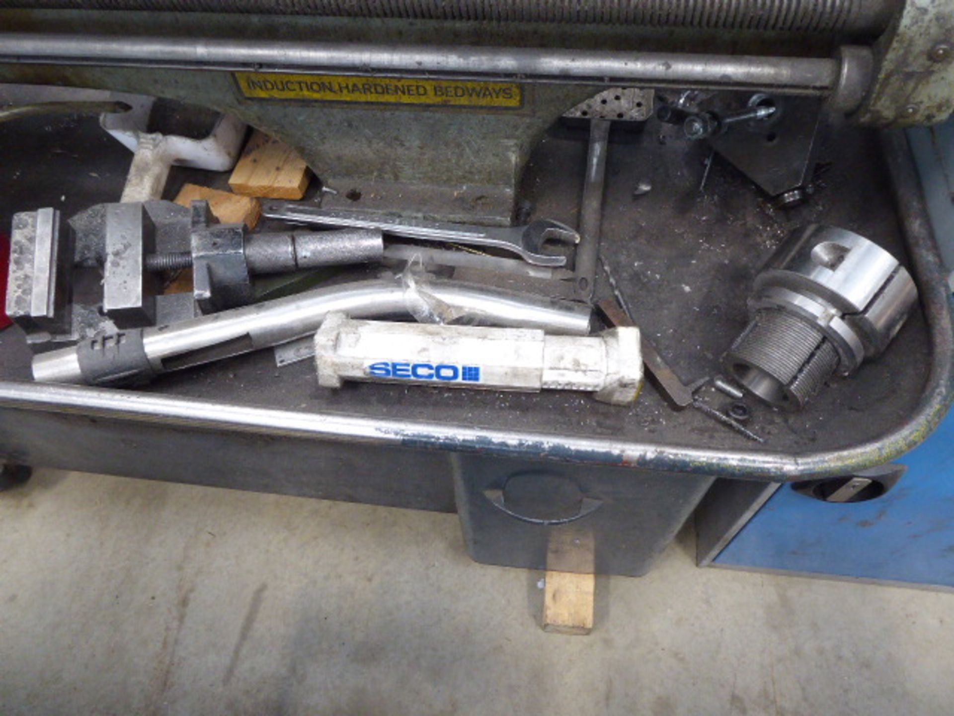 Colchester Master centre lathe with a grey and blue metal tool cabinet, two machine vices and a - Image 4 of 10