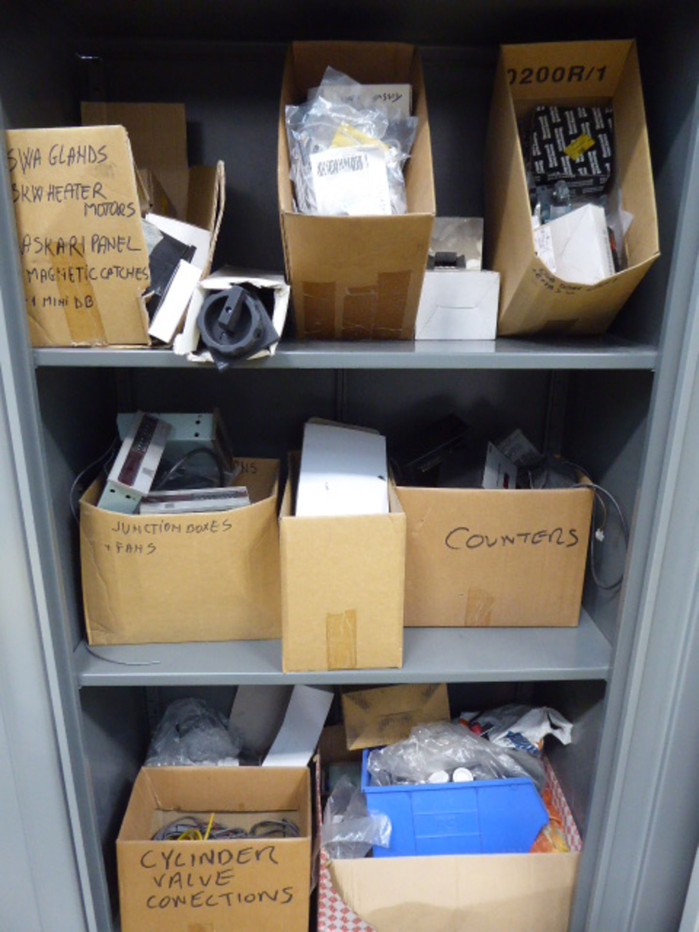 Grey metal 2 concertina door stationery cupboard containing switches, wires, switch boxes and - Image 2 of 3