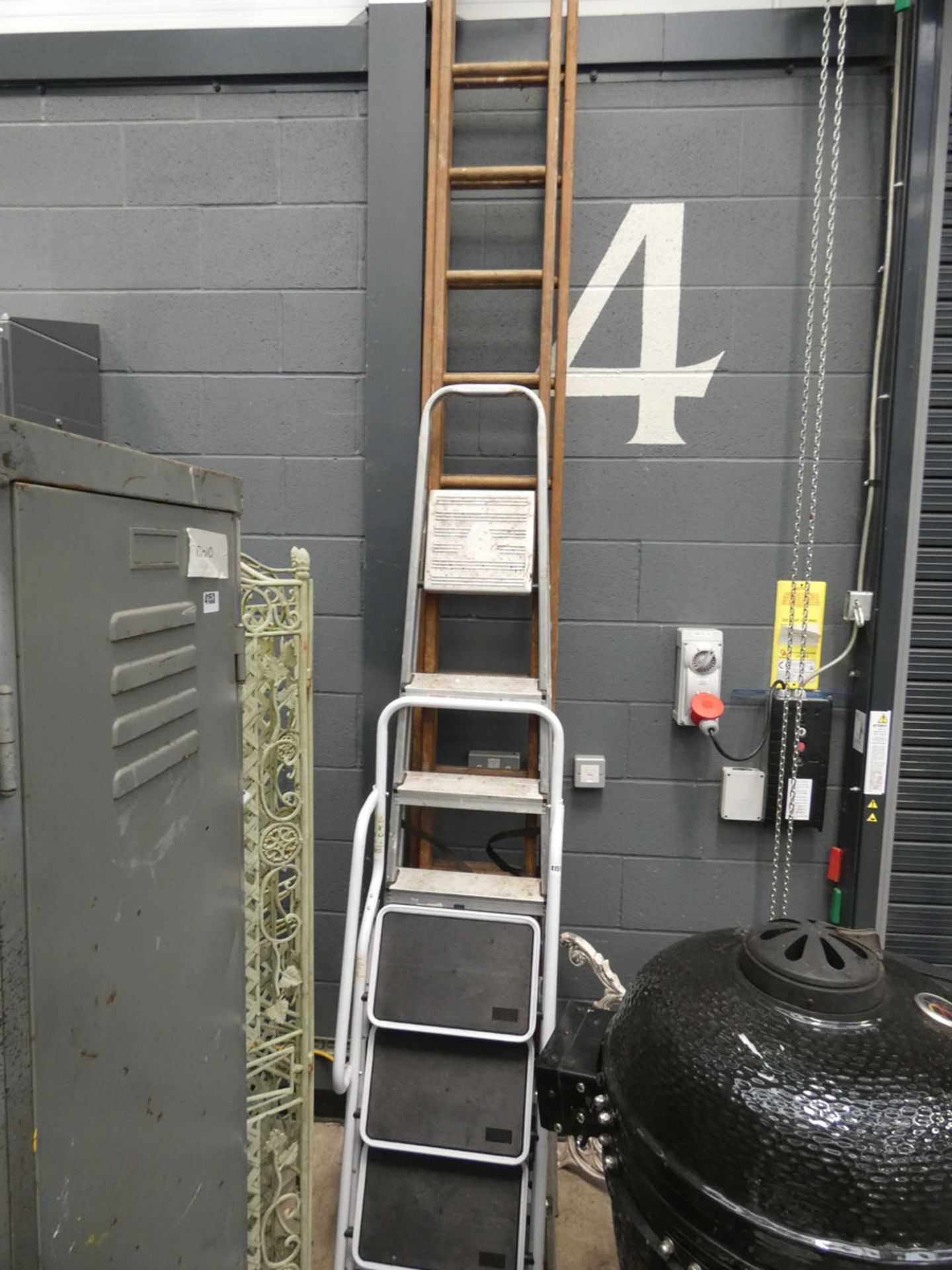 Wooden ladder, aluminium stepladder and 3 tread white ladder