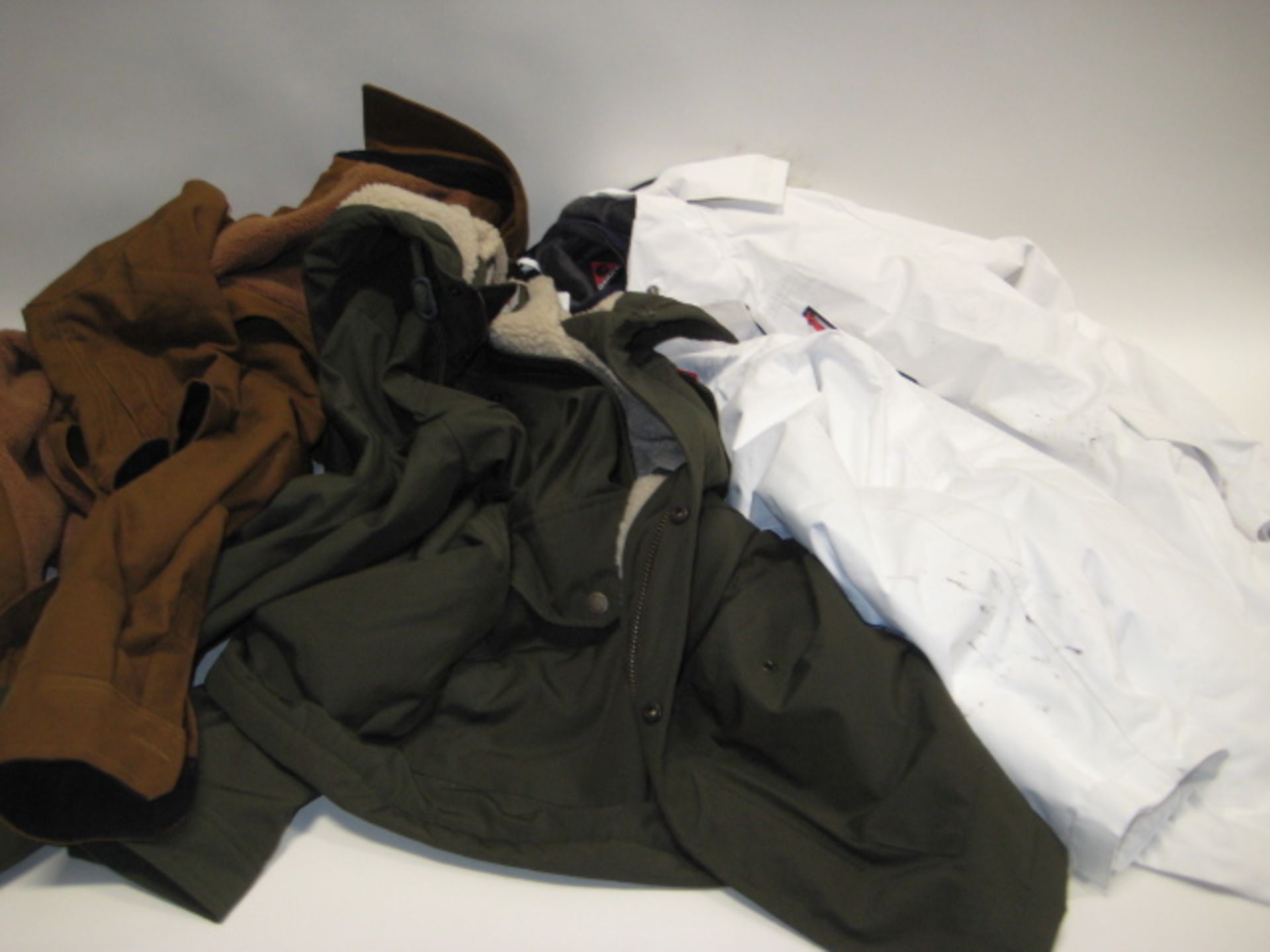 3 various coats, 1 green hooded coat by Levi (size M), brown jacket by Jackson New York (size L)