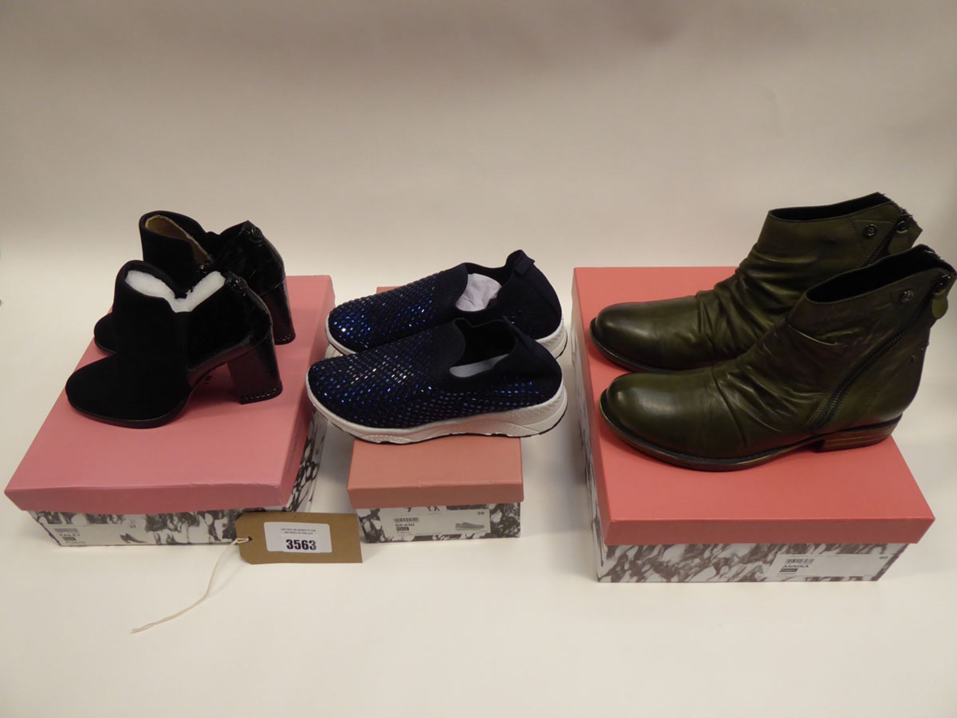 3 pairs of Moda in Pelle shoes to include Kailey ankle boots sized EU 37, Beani trainers size EU