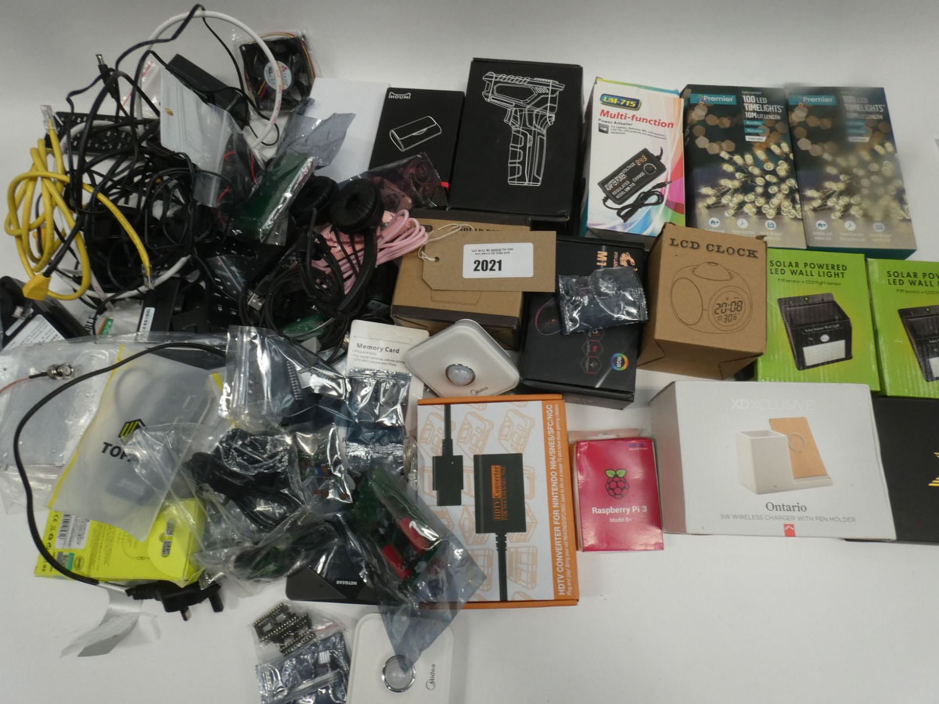 Bag containing various electrical related devices/accessories; headset, converters, Raspberry Pi,