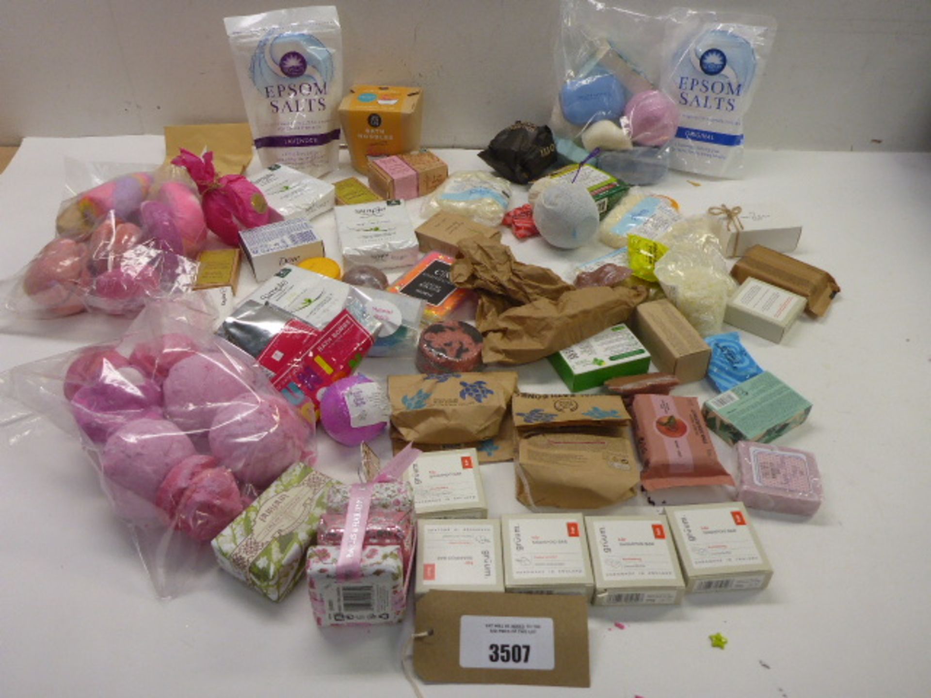 Selection of Gruum and other soaps, bath bombs, Epsom salts, bath noodles, shea butter etc