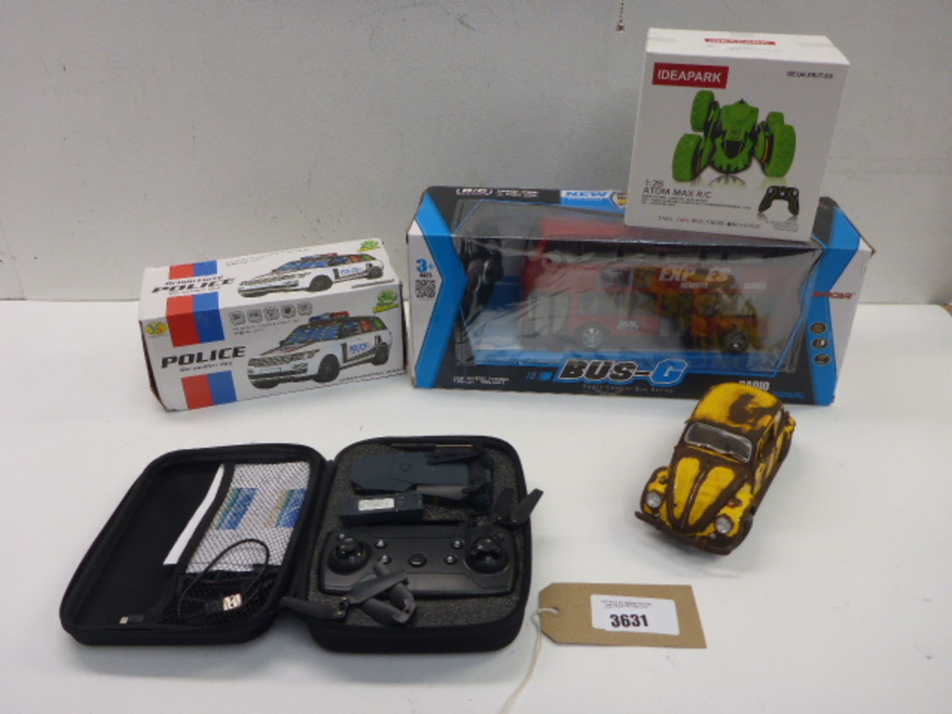 Pascal Smith VW model car, r/c double decker bus, R/C Atom Max vehicle, drone and police car