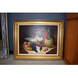 (19) Dutch style oil on canvas depicting a mallard duck and a bowl of fruit, signed Alex