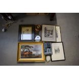 Stubbs print with horses, urban engravings, picture of mother and child, village street plus picture