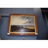 Oil on canvas depicting a moorland view in an oak frame