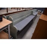 Pale green and brown painted pew length approx. 235cm