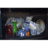 Cage containing a large quantity of blue & white china, to include: Jasperware, oil lamp and