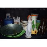 Cage containing a Lladro figure of a young lady, a Jasper ware biscuit barrel, Carlton ware dish,