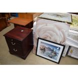 Photographic print of lake with islands, with modern print of rose and 2 drawer faux mahogany