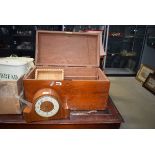 Storage box plus dome topped mantle clock, teapot and treen