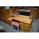 Teak finish dressing table, pair of bedside cabinets and matching chest of 3 drawers together with a