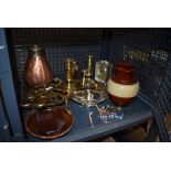 Cage containing a copper vase, brass candlesticks, trivet and tongs, plus a stoneware jug, costume