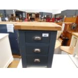 Blue painted oak top bedside unit with 3 drawers
