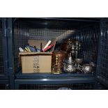 Cage containing a quantity of loose cutlery, copper samovar (AF), plus a copper kettle, brass