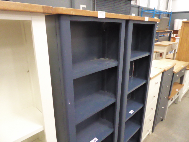 Blue painted tall narrow open front bookcase (28)