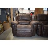 Brown faux suede reclining armchair As found