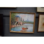 Modern acrylic on board depicting a Parisian river scene signed 'Burnet'