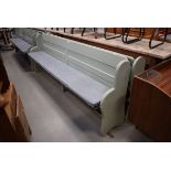 Pale green and brown painted pew length approx. 235cm