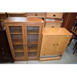 Late 20th century oak finish glazed display cabinet and a further oak finish entertainment cabinet