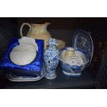 Cage containing glass bowl, washstand jug & bow, blue & white china lidded pot, plus a Willow