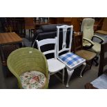 Green finish loom style bathroom chair, a white painted kitchen chair, a white painted dining