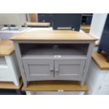 Grey painted oak top corner Tv audio cabinet with shelf and 2 door cupboard (39)